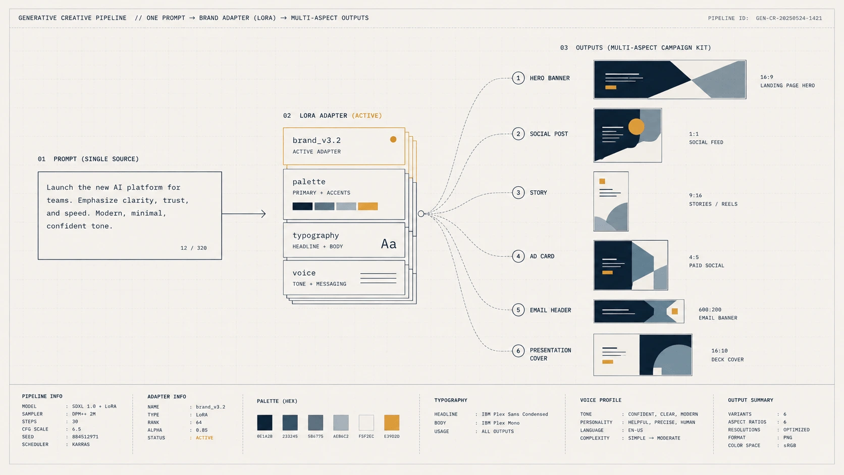 Brand-locked GenAI creative engine — one prompt to multi-aspect campaign outputs via brand LoRA