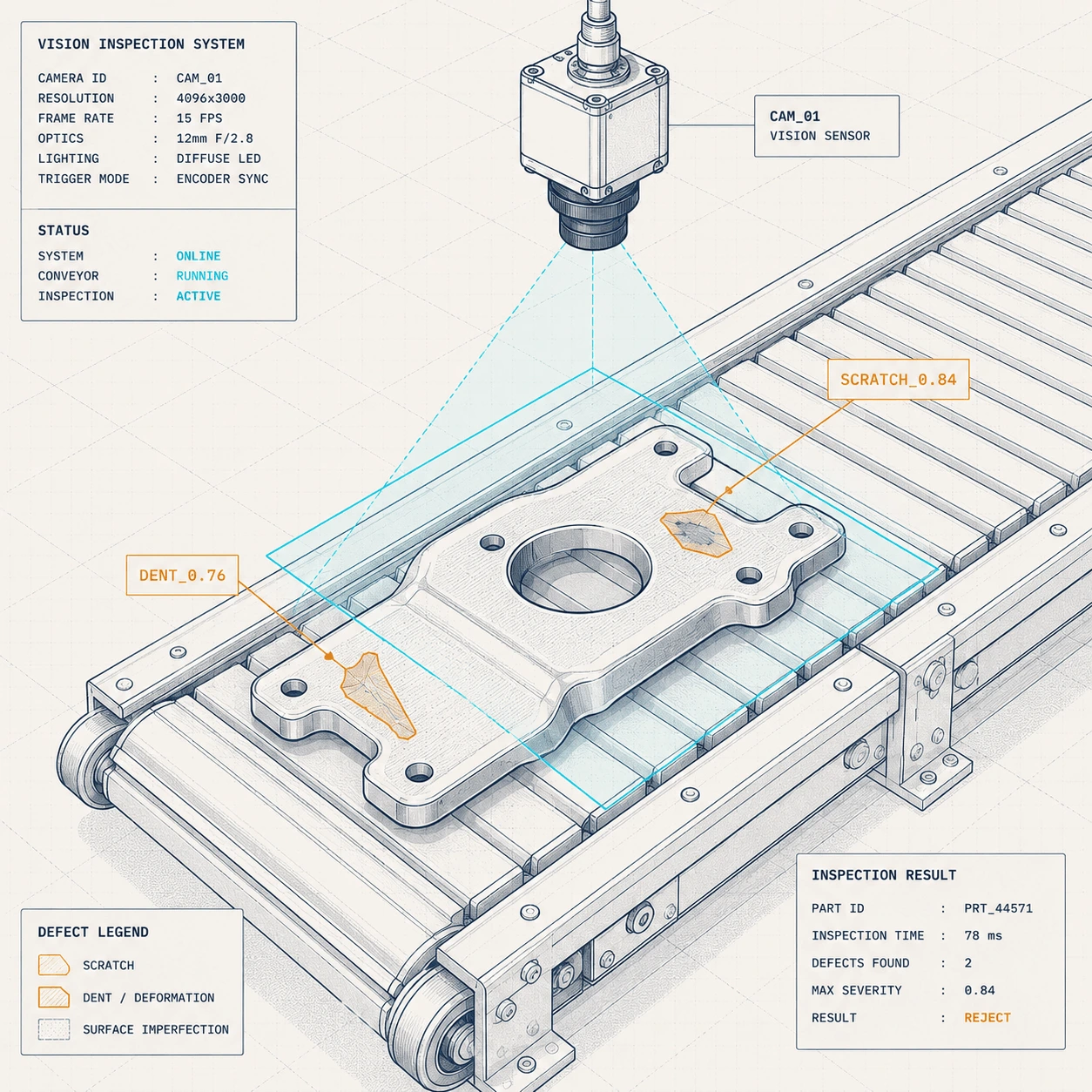 Manufacturing and industrial — multi-camera vision inspection system flagging surface defects on the line