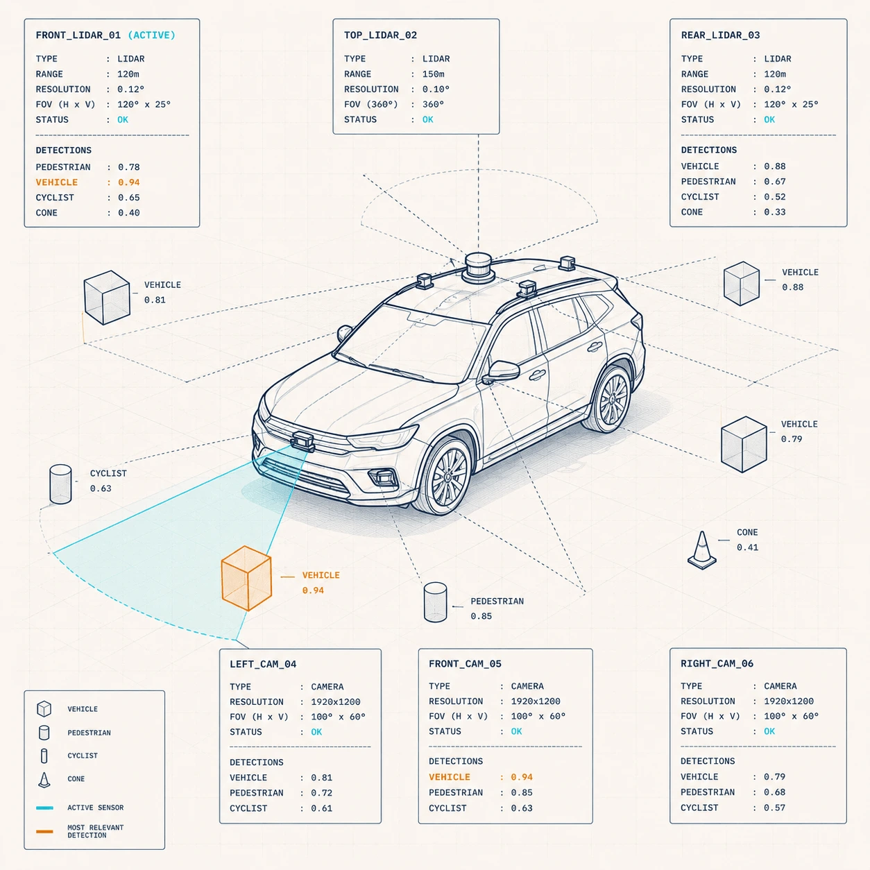 Mobility and automotive — multi-sensor LiDAR and camera perception suite detecting vehicles and pedestrians